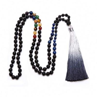 China Lava Stone Essential Oil Yoga Prayer Meditation Bracelet Tassel Statement Necklace Chakra Mala Beads 108 Silver 7 Long for sale