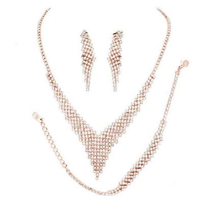 China Ethnic Crystal Fringe Set 3 PCs Bracelet Chandelier Earrings Necklace Women Bib Jewelry Clear Rhinestone for sale