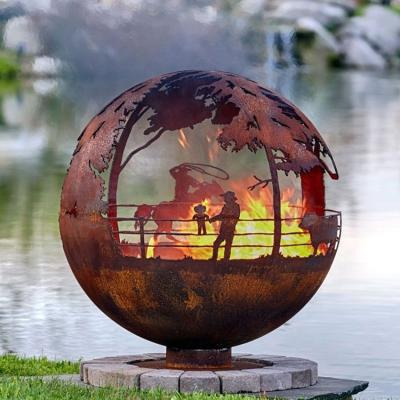 China Stocked Fire Pit Hand Cut Corten Steel Rust Sphere Wood Burning Sphere for sale