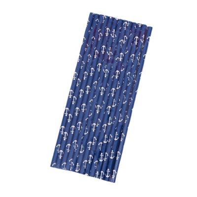 China Biodegradable Straw Kraft Paper Disposable Biodegradable Drinking Paper Dark Blue With Boat Pattern for sale