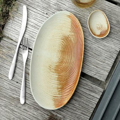 China Sustainable Creative Rustic Restaurant Ceramic Food Dining Dishes Long Dish Kitchen Designer Porcelain Oval Plate for sale