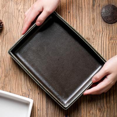 China Wholesale Viable Kitchen Nordic Ceramic Reactive Black Rectangle 9 Inch Deep Dessert Dishes, Restaurant Porcelain Fruit Salad Bowl for sale