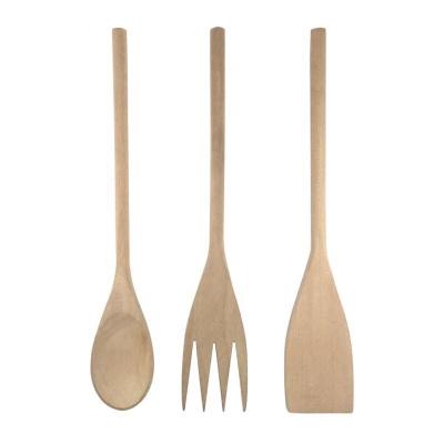 China 3PCS Kitchenware Cooking Utensil 30cm Sustainable Solid Wood Set Tools Instrument Spoon Fork Spatula for sale