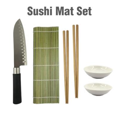 China Sustainable Bamboo Sushi Set Kitchenware Sushi Making Tools Santoku Knife Reusable Bamboo Chopsticks Porcelain Sauce Dish Japanese Style for sale