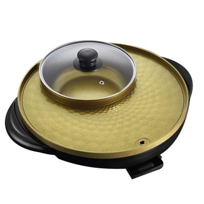 China Glod Barbecue Aluminum Electric Grill Hotel Hot Pot Pan Non Stick Electric Skillet for sale