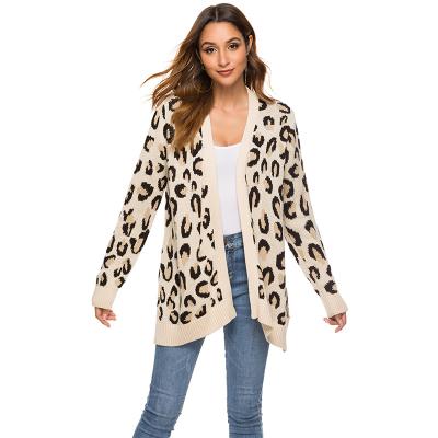 China Anti-Wrinkle Factory Customize Leopard Fashion Cotton V-neck Long Sleeve Autumn Fall Embroidery Knit Sweater Loose Spring Cardigan For Women for sale