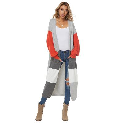 China 2021 China Factory Anti-Wrinkle Long Plaid XL Long Maxi Cardigans Women's Ladies V-Neck Sleeve Pocket Color Block Long Sweater for sale