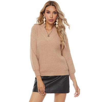 China Anti-Wrinkle Factory Wholesale Autumn Winter Woman Female Casual Brown Color Lantern Sleeve V-Neck Sweater for sale