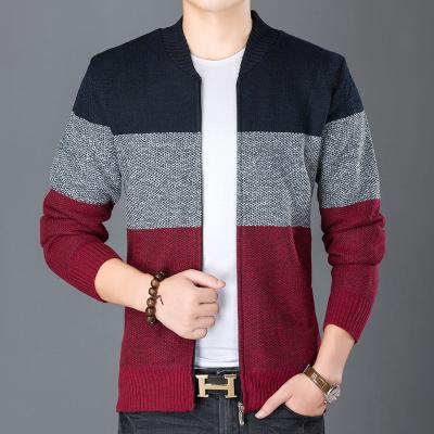 China Wholesale Custom Anti-wrinkle Winter Fashion Color Blocking Chunky Mandarin Collar Zippered Sweater Coat Knit Men's V-Neck Cardigan From Factory for sale