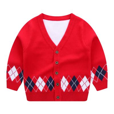 China Anti-Wrinkle Wholesales Kids V-Neck Long Sleeve Single Breasted Button Red Knit Cardigan Argyle Sweater With Buttons for sale