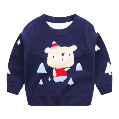 China Anti-wrinkle boys sleeve bear pattern along the neck wholesale custom funny dark blue round sweater knitted sweater from factory for sale