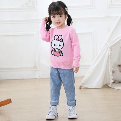 China Custom Cute Pastel Neck Winter Long Sleeve Rabbit Pattern Anti Shrink Round Knit Pullover Kids Sweaters For Girls for sale