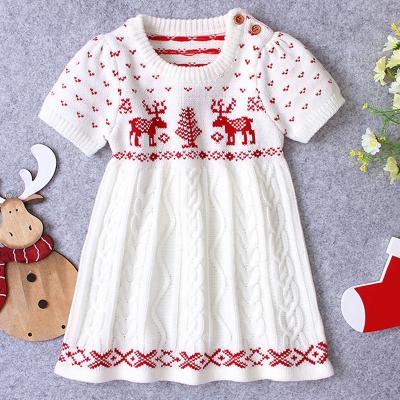 China Good Quality Wholesale 100% Anti-Shrink Acrylic Neck Spring Fall O Short Sleeve Elks Pattern Cable Baby Toddler Girl Sweater Dress for sale