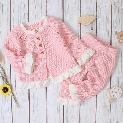 China Hot sales good quality 100% pink acrylic lace anti-shrink design 2 piece set knit little girls cardigan sweater set from China factory for sale