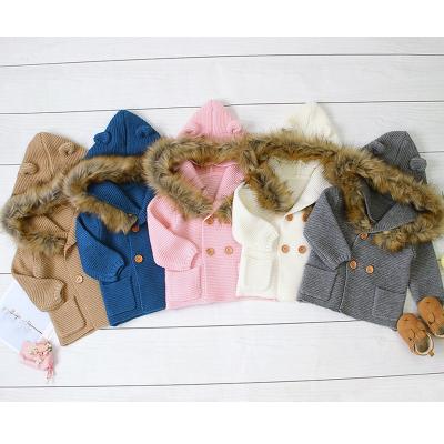 China Wholesale Anti-Shrink Winter 100% Chunky Warm Double Breasted Baby Sweater Cardigan Acrylic Hooded Kids With Pockets for sale