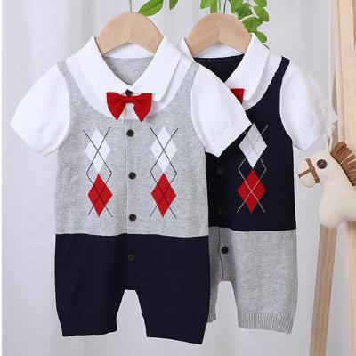 China Anti-pilling 100% Cotton Good Quality Summer Short Sleeve Knitted Cardigan Knitted Cardigan Baby Boy Sweater Romper With Tie for sale