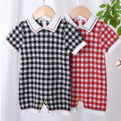 China Summer 100% Soft Slim Unisex Plaid Collar Turn-Down Sleeve Anti-pilling Cotton Baby Short Knitted Jumpsuit Toddler Sweater Romper for sale