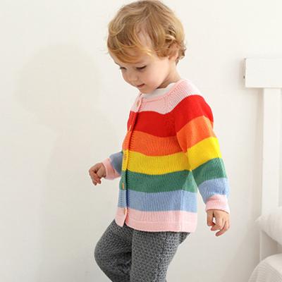 China Low MOQ Spring Autumn 100% Anti-shrink Acrylic Crewneck Knitted Block Striped Sweater Rainbow Color Baby Kids Cardigans Newborn Girls for sale