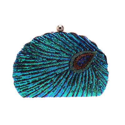 China With chain factory wholesale price luxury evening clutch bags with sequins peacock feather pattern blue for sale