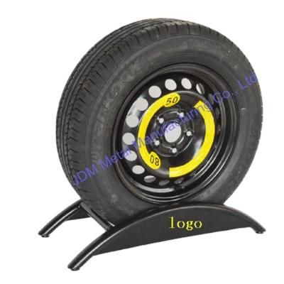 China Floor Customize High Quality Welding Powder Coated Metal Car Wheel Tire Rim Single Display Stand With PVC Panel Logo for sale