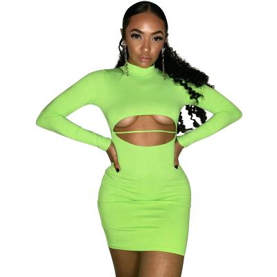 China Anti-Static Turtle Neck Long Sleeve Hollow Out Bodycon Dress Apparel Manufacturer Low MOQ for sale