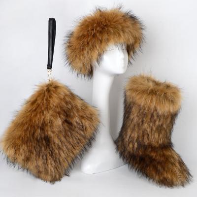 China Custom Fashion Trend Colorful Kids Snow Shoes Women Faux Fur Hairy Winter Boots Sets With Headbands And Purse for sale