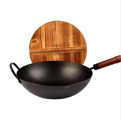 China Sustainable carbon steel wok pan with wooden lid, stir-fry pan set, chinese wok with flat bottom for induction for sale