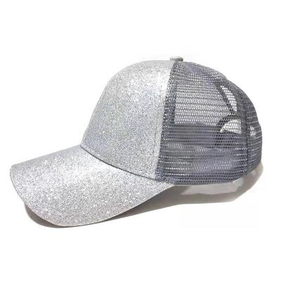 China COMMON 6 Panels High Ponytail Shiny Mesh Hat Sport Baseball Cap Sequins Unisex for sale