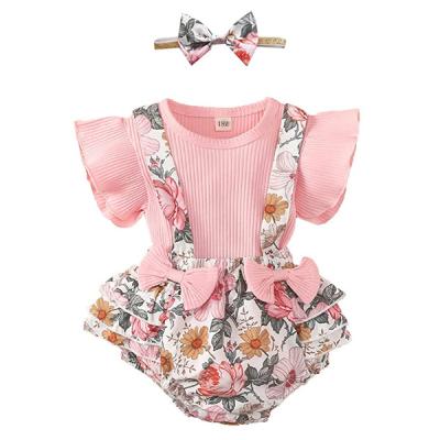 China JISEN Anti-Shrink Anti-Shrink Newborn Baby Clothes Sets Ruffle Short Sleeve Tops Floral Suspender Shorts With Headband Summer Outfits for sale