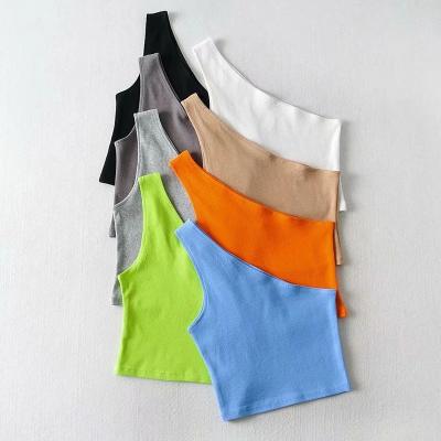 China Summer Breathable Sexy Oblique Collar Women Elastic Shoulder Top Yoga One Tops Custom Crop Top for sale