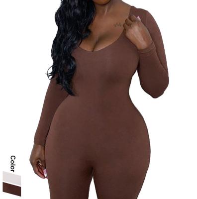 China Breathable Long Sleeve Jumpsuit Plus Size Overalls Workout Yoga Gym Brown One Piece Jumpsuit for sale