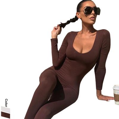 China Brown Breathable Fitness Plus Size Overalls Playsuits Rompers Long Sleeve Women Yoga Jumpsuit 2022 for sale