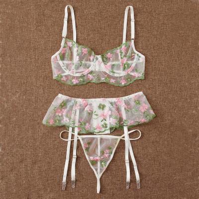 China The latest popular sexy lingerie factory mesh bra panties embroidery transparent flower tie small fresh sexy underwear sets for sale