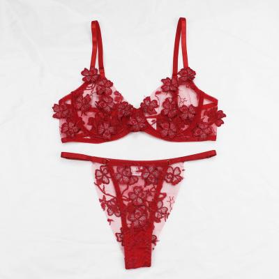 China QUICK DRY hot selling European and American women's underwear sets the gathering sexy bras girl temptation embroidery Tulle briefs for sale