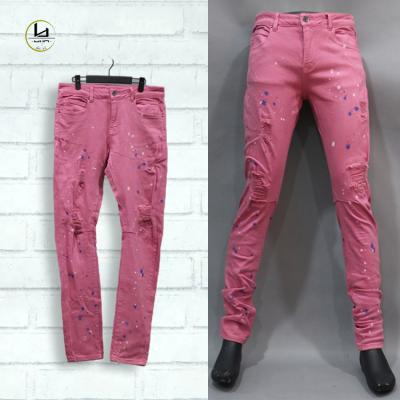 China Wholesale Paint Splatter High Quality Men's Casual Breathable Clothing Pants Distressed Slim Fit Straight Leg Jeans Pink Denim Trousers for sale