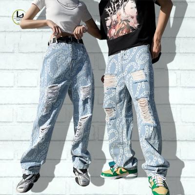 China Hip Hop Street Style Mens Breathable Denim Clothing Custom Wholesale Loose Destroyed Wide Leg Jeans Ripped Baggy Mens Jeans Pant for sale