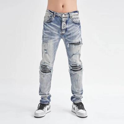 China Fashion clothing design style custom breathable mens casual jeans mens denim manufacturers leather patch ripped jeans wholesale for sale