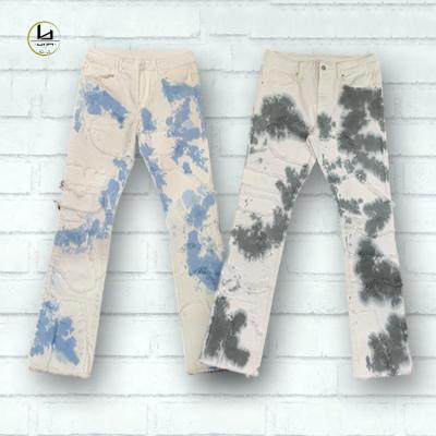 China Manufacturer Breathable Wholesale High Quality Mens Tie Dye White Gray Flare Stacked Jeans for sale