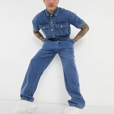 China Light Viable Casual Fit Stone Wash Denim Cotton Overalls Pants Mens Jeans Short Sleeves Shirts Streetwear Blue Short Jumpsuits for sale