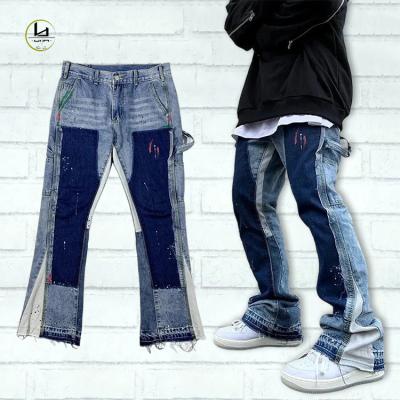 China Clothing Manufacturer Breathable Mens Flare Denim Pants High Street Fashion Patch Jeans Light To Wash Black Jeans With Distressed Edge for sale