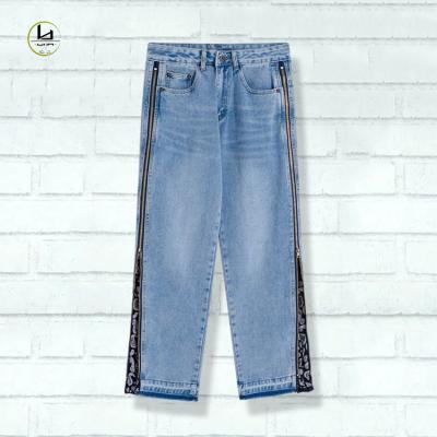 China Wholesale Casual Stylish Men's Long Zipper OEM Jeans Wear Breathable Leg Stretch Denim Pants Straight Fit Regular Leg Jeans for sale