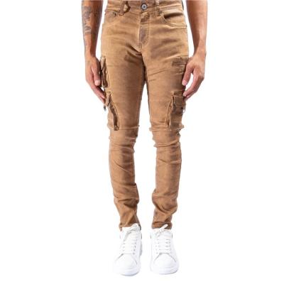 China Breathable Men Jeans Five Pockets Style Ankle Brown Wash Cargo Pocket Jeans Taped Denim Pants for sale