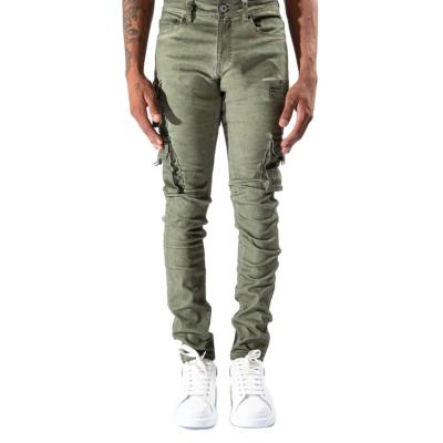 China Olive Green Taped Skinny Fit Denim Jeans Cargo Pockets Ankle Wash Cotton Men Spandex Breathable Jeans for sale