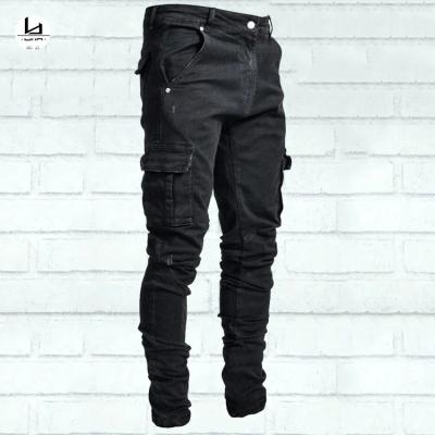 China Breathable Mens Black Skinny Jeans 98%cotton 2%elastane Cargo Pockets Fit Jeans With Minor Distressing for sale