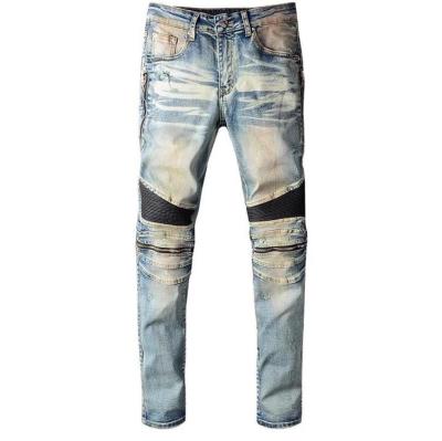 China Breathable Wear Types Street Vendor Jeans Dirty Wash Jeans With Pleated Black Leather Knee Patch for sale