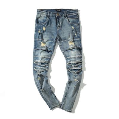 China Fashion Breathable Casual Jeans Wholesale High Street Custom Splice Ripped Repair Jeans Distressed Stretch Knicker Jeans for sale