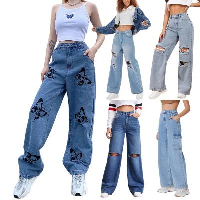 China Fashionable Loose Women Friend Women Denim Ladies Loose Custom Viable Long Pants Ripped Stacked Straight Pants Plus Size Wide Leg Mom Jeans for sale