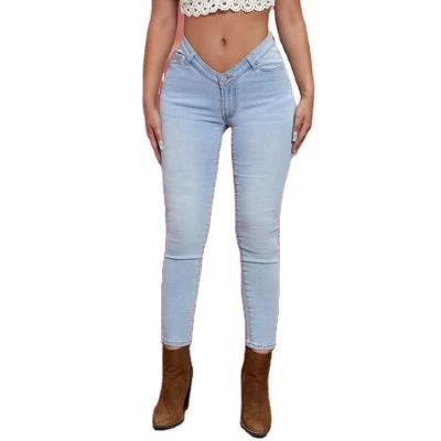 China Breathable Women Jeans Unique V Cut Skinny Cropped Waist Jeans In Plain Washed Blue for sale