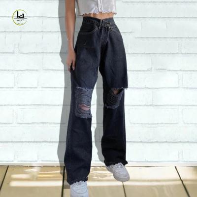 China Casual Loose Ripped Irregular Waisted Distressed Denim Jeans Wholesale Streetwear Breathable Loose Wide Leg Women Pants Tops for sale