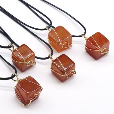 China 2021 Carnelian Cube Hand Craft Ethnic Handmade Irregular Wire Wraps Pendant Necklaces For Women for sale